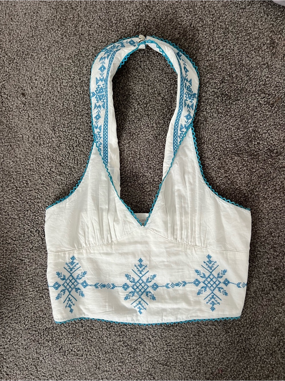 Free People White Halter Crop Top with Blue Embroidery